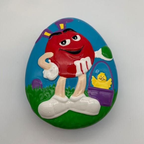 Vintage M&M Easter Red M&M Ceramic Easter Egg Shaped Dish with Lid - Picture 1 of 15